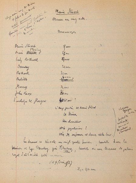 Jean LOISY (1901-1992)
Poète, auteur dramatique et essayiste 2 Manuscrits autographes, Marie Stuart, drame, [1937-1938]; 2 cahiers petit in-4 de 48 et 96 pages.{BR} Ce drame en 5 actes a été créé à Marseille le 5 novembre 1941 par Pierre Feuillère, avec Solange Moret dans le rôle-titre. Un cahier contient le premier jet des actes I et II, en brouillon; le second est le manuscrit de travail de la pièce complète. On joint une brochure imprimée de la pièce avec un envoi biffé à Henry Bidou, et des corrections autographes; 10 photographies des représentations; et un tapuscrit des Souvenirs et notes sur André Gide de Jean Loisy.{BR}