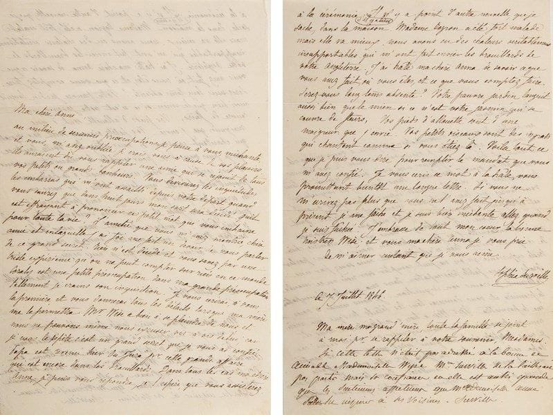 Laure Surville (1800-1871)
Femme de lettres, s?ur d'Honoré de Balzac 2 L.A.S., 1865-1866,, à M. et Mme Treitt; 1 et 4 pages in-12 (la 2e deuil).{BR} 15 août [1865]. Elle transmet à Treitt une lettre de son épouse. «Je suis si heureuse d'être encore comptée pour quelque chose par mes amis, que j'en suis toute reconnaissante». Ses enfants sont partis pour Villemétrie... Bellevue 20 août 1866, remerciant des condoléances lors du décès de son mari; ses amis l'entourent: «Quels amis ! Ces chers liens ne doivent-ils pas rattacher à la vie ? [...] J'espère retrouver le courage et la résignation qu'il me faut pour ne pas trop attrister mes amis, pour ne pas affliger la vie de mes enfants et leur laisser des souvenirs trop douloureux du temps qui me reste à passer avec eux. Il faudra refouler mon chagrin au fond de mon âme», après «l'affection qui depuis 46 ans nous liait mon mari et moi»... Elle parle de sa fille Sophie? On joint 2 L.A.S. de sa fille Sophie Surville à son amie Anna (1846, contant notamment un séjour à Frapesle chez Zulma Carraud); plus une lettre d'une Laure (Saumur 2 février 1871) donnant des nouvelles de la famille Surville.{BR}