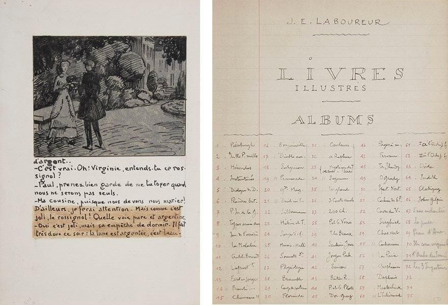Jean-Emile LABOUREUR
Cahier autographe signé, Livres jel, [1931-1933],; cahier petit in-4 de 66 ff. écrits, cart. demi-percaline rouge à coins (dos fendu); et dossier d'environ 100 pièces ou lettres, 1910-1946{BR} Important ensemble sur son ?uvre d'illustrateur de livres.{BR} * Cahier répertoriant dans l'ordre chronologique les livres illustrés par Laboureur, chacun présenté en belle page, avec précision des exemplaires ou suites de gravures en sa possession, avec table numérotée en tête, depuis 1, Ten etchings from Pittsburgh (1905, 60 ép. dont 10 Japon), jusqu'à 66, John Gilpin de Cowper (1931). En regard, Laboureur a noté les exemplaires vendus chez des libraires: dates, libraires, exemplaires, prix, etc., jusqu'en 1933.{BR} * Ensemble de 14 dossiers sur divers livres illustrés et projets. Le Retour de Pan en Attique (1910): note de travail autographe (dessin au dos), et 2 photos de statuettes antiques. ? Petits et grands verres (1926): contrat signé par René Hilsum et Laboureur, et l.s. de R. Gibbings du Golden Cockerel Press. ? Le Gland et la Citrouille de Gérard-Gailly (1927): table autogr. des 11 eaux-fortes et leur emplacement; tapuscrit; 4 l. échangées avec l'éditeur Paul Hauptman. ? Trois Contes cruels de Villiers de L'Isle-Adam (1927): projet à la mine de plomb; maquette de 3 pages avec 2 dessins à l'encre de Chine coloriés; un ex. en feuilles. ? Pages à mon goût (1928) de Gilbert de Voisins: 6 l.s. ou l.a.s. de Charles Grolleau des Éditions G. Crès, avec copie de réponse, et 3 l.s. d'E. Choureau, 1924-1928. ? La Naissance du jour de Colette (1928): 2 l.s. de Gaston L. Vuitton, président de la société Les Exemplaires, et 2 p. autogr. de notes de Laboureur sur ce projet. ? Vénus and Adonis de Shakespeare (1928): 8 l.s. du libraire anglais Douglas Cleverdon, à propos du projet. ? Le Rire de Bergson (1929): notes autogr.; l.a.s. de G. Rousset des Bibliophiles de l'Automobile-Club. ? L'ève future de Villiers de L'Isle-Adam (1929): 6 l.s. de Jacques André annotées par Laboureur. ?