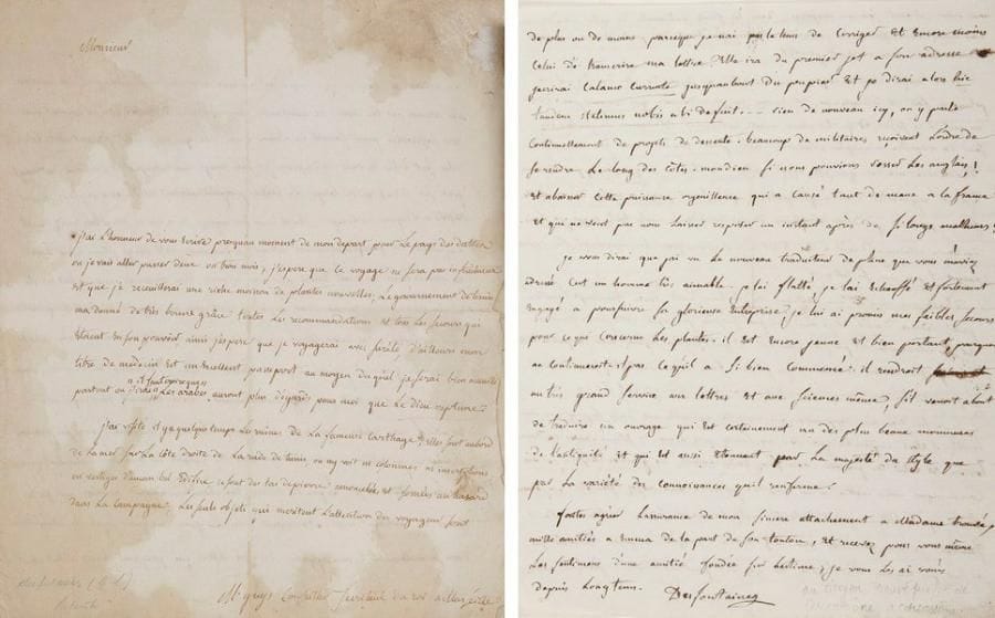 René DESFONTAINES (1750-1833)
Botaniste et voyageur 3 L.A.S., Tunis 1783-1784 et s.d., à Pierre-Augustin Guys, conseiller secrétaire du Roi à Marseille ou Paris; 6 pages et demie in-4 (taches de désinfection aux 2 premières lettres).{BR} Voyage en Tunisie. Tunis 5 décembre 1783. Au moment de partir pour le pays des dattes, où il espère recueillir «une riche moisson de plantes nouvelles», il raconte sa visite aux «ruines de la fameuse Carthage», décrivant en particulier les vastes citernes, qui ont résisté au temps, et l'aqueduc, presque entièrement détruit; «j'ai encore observé ça et là plusieurs lieux souterrains batis en voûte et de diverse grandeur; j'ignore à quoi ils étoient destinés. Des Maures en ont choisi quelques-uns pour domicile»... Il s'est promené un jour entier dans les ruines de cette ville qui fut longtemps la rivale de Rome, «en faisant des reflections melancholiques sur les vicissitudes et sur le peu de solidité des choses humaines»; cela lui rappelle Marius, et des vers latins... Tunis 10 mai 1784. Il a dû encore user de la lettre de crédit que Guys lui a accordée; il a signalé sa dette à l'Académie. On attend ici des Vénitiens: «des qu'ils auront paru sur les côtes, il ne sera plus possible de s'écarter dans la campagne même avec une escorte»... [Paris ?]. Il lui envoie des plantes grasses en boutures: «elles reprendront facilement, en les mettant à l'ombre et en les arrosant pendant 4 à 5 jours une ou deux fois dans la journée. Je n'ai pu remplir toute la liste que vous m'avez envoyée, parceque plusieurs nous manquent et que nous n'avons qu'un ou deux individus des autres [...]. Lorsqu'on fera le partage des graines pour nos correspondants j'en demandrai à M. Thouin pour vous»...{BR} On joint 3 autres L.A.S. à divers, Paris 1788-1824, dont une à propos d'un don d'oiseaux.{BR} Ancienne collection Gourio de Refuge.{BR}