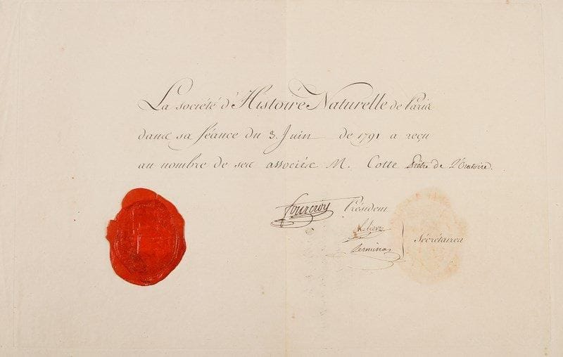 Antoine-François FOURCROY (1755-1809)
Chimiste et homme politique, directeur de l'Instruction publiqueP.S. et L.S., Paris 1791-1802; 1 page oblong in-fol. en partie impr. avec grand cachet de cire rouge, et 1 page et demie in-4 à en-tête Le Conseiller d'Etat chargé de la Direction et de la Surveillance de l'Instruction publique, adresse avec marques postales (portrait gravé joint).{BR} 3 juin 1791, comme Président de la Société d'Histoire naturelle de Paris: diplôme d'associé de la Société d'Histoire naturelle de Paris pour M. Cotte, prêtre de l'Oratoire, cosigné par les secrétaires Lelièvre et Lermina. [12] brumaire XI (3 novembre 1802), au citoyen Lormerie, correspondant du gouvernement français et du Muséum d'histoire naturelle de Paris, pour l'agriculture, à Philadelphie. Remerciements pour des patates qui sont arrivées «assez bien conservées», malgré un début de germination; il en a remis le plus grand nombre au citoyen Thouin pour plantation... Il approuve ses réflexions sur les desséchements nécessaires pour améliorer les récoltes, mais il est difficile de trouver les sommes nécessaires «dans un moment où l'argent est rare et les dépenses énormes»...{BR}
