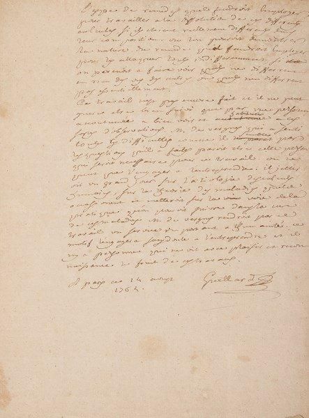 Jean-Étienne Guettard (1715-1786)
Naturaliste, minéralogiste, médecin du duc d'Orléans Manuscrit autographe signé, Paris 14 août 1764; 3 pages petit in-fol.{BR} Rapport de lecture pour l'Académie des Sciences, sur un écrit de M. de Vergnes, médecin de Montpellier résident à Villeneuve-lès-Avignon, concernant une pierre formée au côté droit du frein de sa langue. L'observation de l'auteur n'est pas unique, et «ne nous apprend donc pas un fait nouveau»; on pourrait toutefois la conserver dans l'histoire de l'Académie, et le rapporteur encourage l'auteur à poursuivre ses recherches sur «l'aérologie des calculs humains»...{BR} On joint 2 P.S. sur vélin: quittances pour une rente viagère ou des gages, 1772-1784.{BR} Ancienne collection Léon Muller.{BR}