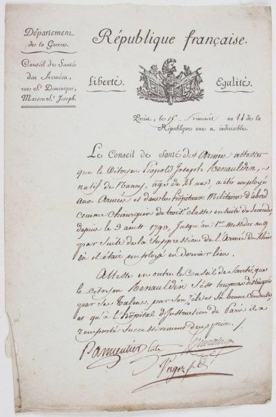 Médecine militaire. 6 L.A.S., L.S. ou P.S., 1795-1811.{BR} Pierre Bayen (cosignée par Bertholet, Chabrol, Vergez?, de la Commission de Santé), René Dufriche Desgenettes (cosignée par Coste et Heurteloup, du Service de Santé militaire), Antoine Dubois (l.a.s., 1807), Dominique-Jean Larrey (ordonnance a.s.), Antoine-Augustin Parmentier (cosignée par Coste, Heurteloup et Vergez, du Conseil de Santé des Armées), Pierre-François Percy (p.a.s. comme chirurgien en chef de l'Armée du Danube, cosignée par Antoine Dubois, Baden 1799).{BR} On joint un faire-part du mariage de Mlle Dubois avec le Dr Cadet de Gassicourt, et un impr. Remède des fièvres jaunes.{BR}
