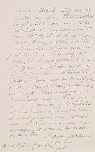 Marie PASTEUR (1826-1910) née Laurent, femme (1849) de Louis Pasteur
L.A.S. «Marie», Alais 1er juin 1866, à sa cousine germaine Adèle Gsell; 3 pages in-8.{BR} Émouvante lettre sur la mort de sa fille Cécile (1er octobre 1853-23 mai 1866) à Chambéry, après celles de sa fille aînée Jeanne (1850-1859) et sa dernière fille Camille (1863-1865).{BR} «J'avais comme toi quatre enfans il n'y a pas un an, et Dieu m'en a réclamé la moitié ! Ma chère et si gentille Cécile qui avait eu tant de plaisir à soigner et à élever avec moi sa petite s?ur, est allée bien vite la rejoindre et nous laisse dans le plus grand chagrin ! Elle avait 12 ans ½ et nous la voyions grandir avec bonheur, découvrant en elle chaque jour une qualité nouvelle qui nous promettait tant pour l'avenir». Elle évoque leur installation, après le triste séjour à Chambéry, au pont Gisquet à Alais où sa petite Louise «s'amuse quand même au milieu des fleurs et des champs qui la ravissent. [?] Mon mari travaille toujours du matin au soir» [à ses recherches sur les maladies des vers à soie]?{BR}