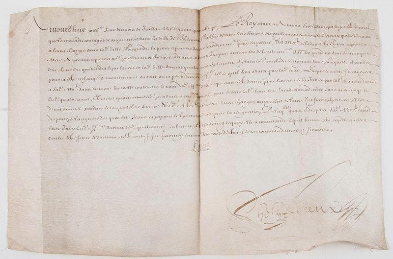 PESTE. P.S. et L.S., 1647-1652; vélin obl. in-fol., et 1 page in-fol. avec adresse.{BR} Amiens 25 juillet 1647. P.S. «Louis» (secrétaire), contresignée par le secrétaire d'État Phelypeaux. Louis XIV, de l'avis de la Reine régente sa mère, et suivant l'avis que «la maladie contagieuse augmentoit» à Bordeaux, autorise la création d'une Chambre qui tiendra le Parlement de Bordeaux?{BR} Au Saint-Esprit 31 décembre 1652. L.S. par les consuls de la ville, donnant à ceux de Saint-Pol des nouvelles rassurantes sur la peste au Saint-Esprit.{BR} On joint la copie ancienne d'un testament dicté par noble Charles de Villette écuyer seigneur du Meix de Crest, 1586, craignant d'être atteint de la peste (cachet Cabinet d'Hozier).{BR}