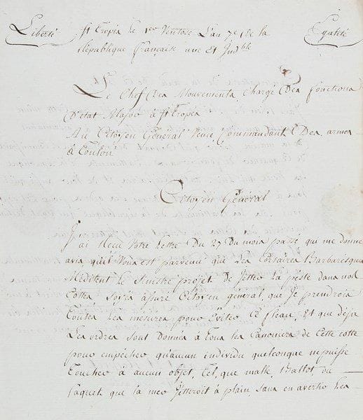Peste. 4 L.S. ou P.S., 1799-1813; 5 pages in-fol. ou in-4, 4 à bandeau ou vignette, une adresse avec marque postale.{BR} Saint-Tropez 1er ventose VII (19 février 1799). J.J. Martin, chef des mouvements chargé des fonctions d'état-major à Saint-Tropez, assure le général Vence, commandant à Toulon, avoir donné des ordres, suite à l'avis «que les corsaires barbaresques méditent le sinistre projet de jetter la peste dans nos cottes»... Marseille 5 frimaire X (26 novembre 1801). Certificat de santé et laissez-passer pour le capitaine Charles Barret du Martigues et son équipage du brick la Marie de Marseille, allant à Cayenne... Brest 2e complémentaire XIII (19 septembre 1805). Le Conseil de Santé au commissaire des guerres Barchou. Cork 16 décembre 1813. Certificat de santé pour le navire Speculation of Love, se rendant à San Sebastian...{BR}