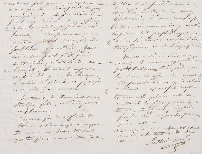 Justin Ouvrié (1806-1879)
Peintre paysagiste 5 L.A.S., 1853-1862 et s.d., dont 3 au peintre Adrien Dauzats; 12 pages et demie in-8.{BR} 15 novembre 1853, [à Dauzats], à propos de demandes de loges du théâtre, parlant de leurs amis Régnier, Van Hove et du jeune peintre hollandais Verveer... [1854]. Il se réjouit du retour de Dauzats dans sa ville de Bordeaux, et lui donne des nouvelles de la santé de sa fille et de sa famille, etc. Il vient de terminer sa Vue de Stolzenfels (1854), et l'a portée au Louvre. «J'espère que ton affaire du théâtre s'arrangera, et que tu auras un beau travail que tu feras à merveille». Leur ami Verveer a vendu «un petit tableau très joli» et compte sur lui pour placer celui de Bordeaux, «cela le mettrait à flot»... 11 mai 1862, au sujet du rôle de Dauzats à l'Exposition Universelle de Londres, où il a organisé la participation des artistes français. Il est heureux de son succès, ayant appris par les journaux que le duc de Cambridge l'avait complimenté. Il le remercie d'avoir fait placer ses deux tableaux dans la Grande Galerie, et espère qu'ils feront bon effet. «J'ai enfin vendu à la Ville de Paris [....] 80 sépias qui me rapporteront une somme de 8000 f», ce qui lui permettra de continuer sa publication avec moins de soucis: «puisque le temps n'est pas favorable à la vente de tableaux des tableaux je pourrai au moins vivre par d'autres moyens»...{BR} À Jean-Baptiste Madou, «Président de la Société des artistes aquarellistes de Bruxelles», remerciant pour le diplôme de Membre honoraire de cette Société, qu'il vient de recevoir. Il espère être prêt à temps pour l'ouverture de l'exposition, où il veut envoyer quelques dessins et «une aquarelle un peu importante»... ? [1854], belle lettre de condoléances au même qui vient de perdre son fils: ses «deux compagnons de voyage MM. Dauzats et Charles Lefebvre» se joignent à lui, ainsi que Lapito «qui vous aime et vous estime», et tous leurs collègues de Paris...{BR} On joint une L.S. du duc de Morny à Dauzats, 14 avril 185