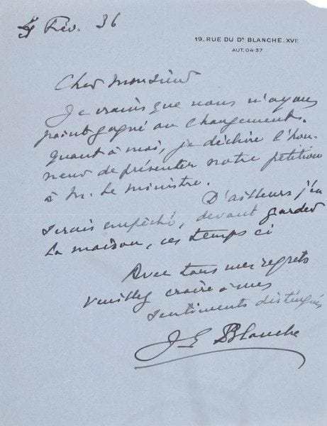 Peintres. 21 lettres et pièces, la plupart L.A.S. à Jean Loisy, 1936-1994.{BR} Jacques-Émile Blanche, A.M. Cassandre (2, plus manuscrit a.s. de Loisy sur Cassandre), Roger Chapelain-Midy (6), Michel Ciry (3), Maurice Denis (3, plus manuscrit autogr. de J. Loisy et d'Henry Favier sur M. Denis), Roland Oudot (2), Henry de Waroquier (2).{BR} On joint 2 manuscrits par Jean Loisy de textes d'André Marchand (Sur les rapports de l'art et de la société) et Tal-Coat (Sur la mission du peintre).{BR}