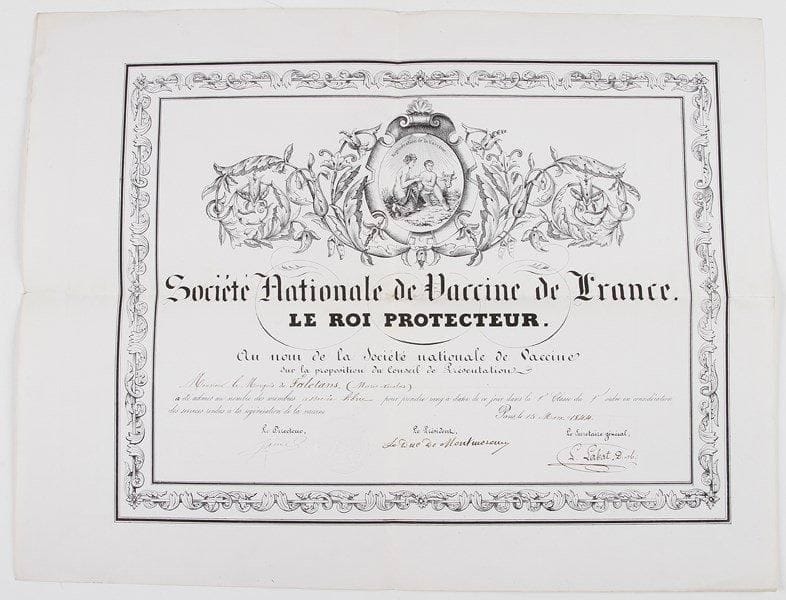 Vaccine. 3 P.S. ou L.S., 1 L.A.S. et 2 imprimés, 1786-1844.{BR} Lettre de Mme Rambourg de La Brosse racontant l'inoculation réussie de ses enfants contre «l'affreuse maladie de la petite vérole» (1786). Société d'amis de l'Agriculture, du Commerce et des Arts de Bourges: communications sur l'inoculation, l'électricité appliquée à la médecine, etc. (1799). L.S. de François Bescherel, évêque de Valence, exprimant son soutien au Comité central de Vaccine (1804). Affiche d'une proclamation du préfet de l'Ombrone, président du Comité central de vaccine siégeant à Sienne (Sienne 1808). L.S. de Léons, officier de santé à Regusse (1819). Diplôme d'associé libre de la Société nationale de Vaccine de France pour le marquis de Faletans, signé par le duc de Montmorency et le Dr Labat (1844).{BR}
