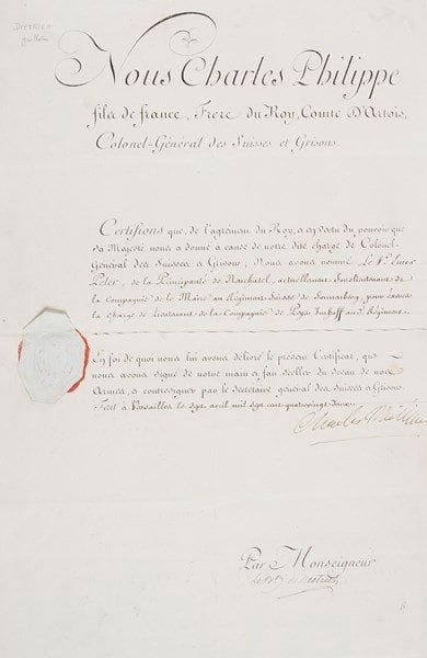 Ancien Régime. 8 L.S. ou P.S. et un imprimé, 1742-1788.{BR} Charles-Philippe comte d'Artois (certificat comme colonel-général des Suisses et Grisons, contresigné par le baron de Dietrich, 1782), Jean-Baptiste de Coincy (congé militaire comme commandant de Toulon, 1788), Hercules Meriadeck de Rohan (commission de greffier de la justice à Boffres, 1742, cachet de cire à ses armes), Ambroise Deduit de Romainville (quittance comme gouverneur des Pages de la Grande Écurie du Roi, 1787), Charles de Rohan maréchal prince de Soubise (4, 1755-1763). Plus un Règlement du Roi, concernant la Maison de Madame la comtesse d'Artois, 1774. {BR}