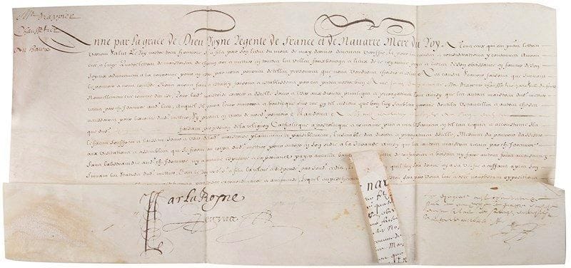 ANNE D'AUTRICHE (1602-1666)
Reine de France, femme de Louis XIII, mère de Louis XIV. Brevet en son nom, 23 octobre 1643; vélin oblong in-fol.{BR} Brevet de maître drapier chaussetier pour le Sieur Imgouville, au Havre, à la suite de l'édit donné par le Roi son fils érigeant «quatre lettres de maistrises de chacun art et mettier en touttes les villes fauxbourgs et lieux de ce royaume [...] en faveur de son joyeux advenement à la couronne»...{BR}