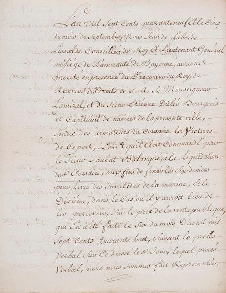 Corsaires. 7 lettres ou pièces, Paris et Bayonne XVIIe-XVIIIe siècle.{BR} Julius de Loynes (instructions au comte de Toulongeon, lieutenant général de Sa Majesté à Bayonne, à propos de deux saisies de vaisseaux anglais et espagnols, 1646). Connaissement (Bayonne 1720). 4 procès-verbaux de prises par le corsaire La Victoire (Bayonne 1749). État nominatif d'avances payées à l'état-major et aux équipages du corsaire Les Deux Amis (Bayonne 1798).{BR}