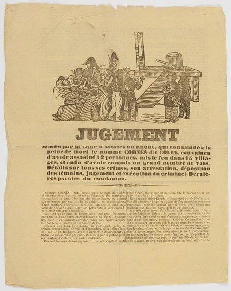 Crime. 10 imprimés, 1722-1852; 8 plaquettes in-4 la plupart avec bandeau, et 2 feuillets in-4 sur papier jaune avec vignettes.{BR} Arrests de la Cour de Parlement (plusieurs condamnations à la question et à mort, une à être «rompu vif»); une Consultation pour un curé de village «par rapport à l'indécence de la coëffure» d'une paroissienne; 2 canards de colportage imprimés à Charmes, sur des assassinats et leur châtiment.{BR}