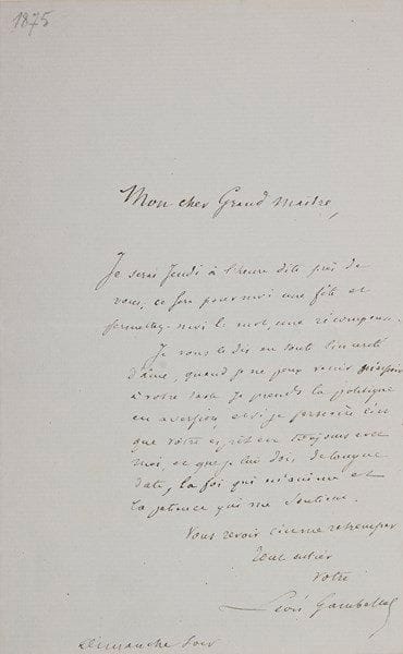 Léon GAMBETTA (1838-1882) homme politique
5 L.A.S.; 1 page in-8 ou in-12 chaque.{BR} [1871 ?], à un ami. Il ne peut dîner avec lui ce soir: «Mais j'ai grand besoin de vous voir et de causer. Je serai à Versailles toute la journée, et je rentrerai après dîner»... Dimanche soir [1875 ?], à un «Grand Maître». Ce sera une fête et une récompense que de se retrouver près de lui: «en toute sincérité d'âme, quand je ne peux venir m'asseoir à votre table je prends la politique en aversion, et si je persévère c'est que votre esprit est toujours avec moi, et que je lui dois de longue date, la foi qui m'anime et la patience qui me soutient»... ? à un confrère, pour «remettre immédiatement à M. Le Marchand mon dossier afin qu'il puisse corriger la sténographie, il y a urgence»... ? à un ami: «Vous êtes incorrigible. Il n'y a qu'un moyen d'arranger toutes ces choses, c'est d'écrire vous-même de ma part à Mr Flament [...] Je préviendrai Brisson»... Etc.{BR} On joint une L.S. au ministre des Cultes [Martin-Feuillée] (1879); 5 cartes de visite, la plupart a.s.; une photographie (Collection Félix Potin) et des coupures de presse.{BR}