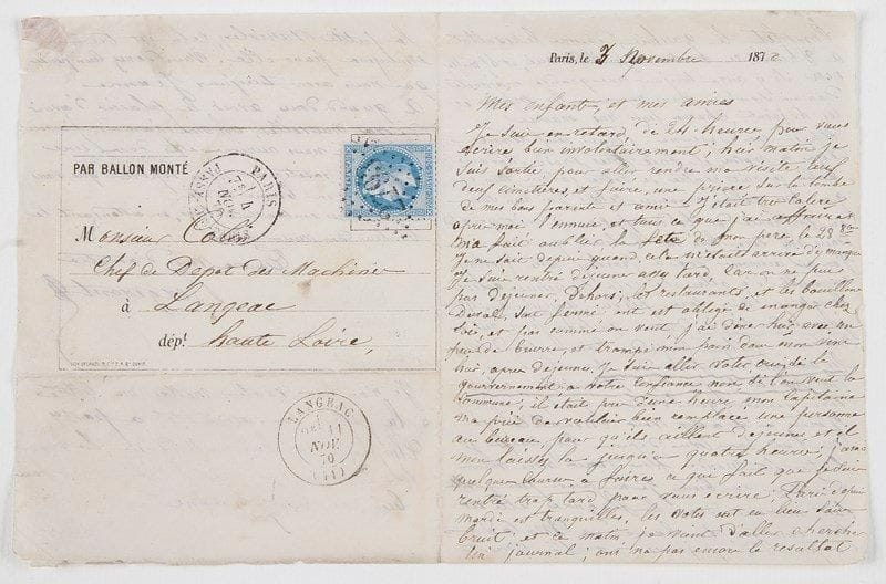 Guerre de 1870. L.A.S. de Bergeront, Paris 3 novembre 1870, à M. Colin, chef de dépôt des machines à Langeac (Haute-Loire); 3 pages in-12, adresse avec cachets postaux.{BR} Lettre par ballon monté à ses enfants et amis. Le vote à Paris sur le gouvernement de Défense nationale fut tranquille, et les résultats favorables; «aujourd'hui 48ème journée de siège, depuis quelques jours, rien de nouveau; quelques coups de canon, pour détruire les ouvrages de défense des prussiens. On parle toujours de l'armistice, cela ne sera décider, que d'ici à quelques jours»...{BR}