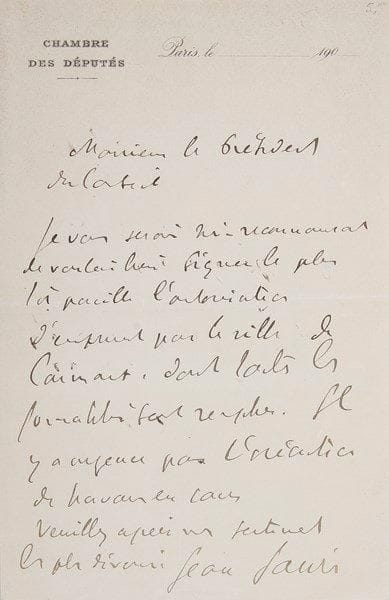 Jean JAURÈS (1859-1914) homme politique
2 L.A.S.; 1 page in-12 à en-tête La Petite République, et 1 page in-8 à en-tête Chambre des Députés.{BR} [Vers 1894 ?]: «Je recommande à M. le ministre du Commerce la demande de notre jeune ami M. Parsons»... 190-, au Président du Conseil, le priant de signer l'autorisation d'emprunt de la ville de Caumont: «Il y a urgence pour l'exécution de travaux en cours»... On joint un fragment de L.A.S. où il est question de Scheurer-Kestner.{BR}