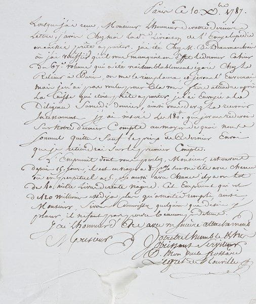 Normandie
11 Lettres ou pièces, la plupart L.A.S. de Legret de Rouville, 1783-1797, à M. de Bazoches en son château de Gaprée ou à Falaise; 15 pages in-4, adresses.{BR} Correspondance du commissionnaire de roulage Legret de Rouville relative à des acquisitions de livres par M. de Bazoches, et leur envoi, notammment l'Encyclopédie, Linné, Cicéron, Montaigne...{BR}