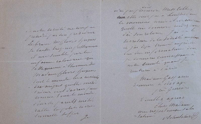 Victor SCHOELCHER (1804-1893)
Homme politique, auteur du décret d'abolition de l'esclavage L.A.S., Cedar House, Chelsea, London 14 septembre 1883, à une dame; 3 pages in-12 à son chiffre (photographie jointe).{BR} À propos d'une réunion de libres penseurs, et de la procédure de Clovis Hugues et sa femme, Jeanne Royannez, contre le calomniateur Jean Morin [Jeanne l'abattra en plein palais de justice, et sera acquittée]. Il remercie de la magnifique affiche de la conférence et se réjouit que Mlle Deraisme y parle. «Il est regrettable que la première séance publique de notre société ne soit pas présidée par son président. Le brave Mr Clovis Hugues se laisse trop impressionner [...] par les infâmes calomnies qui s'attaquaient à l'honneur de Madame Clovis Hugues. Tout le monde les a couvertes du mépris qu'elles méritaient et il devrait faire comme tout le monde. Pour de pareils misérables la police correctionnelle suffit»...{BR}