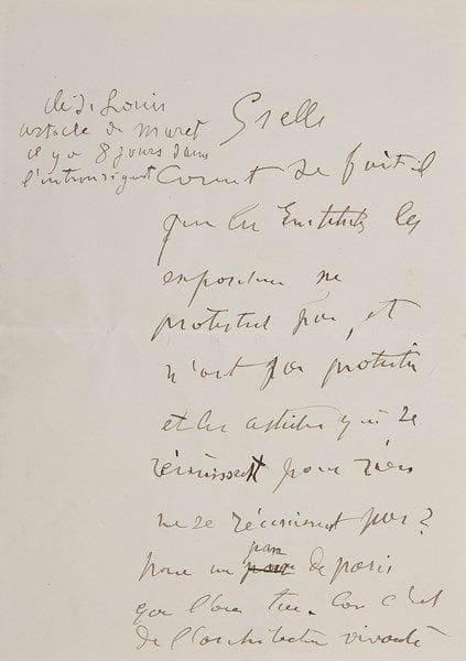 Auguste RODIN (1840-1917)
2 L.A.S., 1 L.S. et une lettre en son nom, août-septembre 1910 et s.d., à Paul Gsell; environ 4 pages in-8 ou in-12, 2 adresses et une enveloppe.{BR} 6 mars 1910. «Je vous attends à 8 h. parce que nous ne serons pas dérangés». 30 août. De retour à Paris, il lui propose un rendez-vous: «J'aurai plaisir à vous revoir à Meudon»... 3 septembre (par son secrétaire Mario Meunier au nom de Rodin), priant de venir le voir avant de publier l'article dans Le Journal: «J'ai encore quelques noms à vous donner et je voudrais bien que vous me lisiez votre article fini»...{BR} À propos de l'île Saint-Louis, après un article de Maret: «Comment se fait-il que les Instituts les expositions ne protestent pas, et n'ont pas protesté et les artistes qui se réunissent pour rien ne se réunissent pas ? Pour un pan de Paris que l'on tue. Car c'est de l'architecture vivante»...{BR}