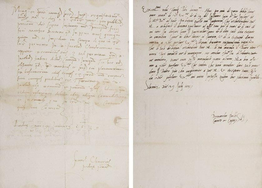 VENISE
17 Lettres ou pièces signées, 1454-1590; 1 page in-8, in-4 ou in-fol. chaque, adresses au verso, avec marques manuscrites de port et qqs sceaux sous papier (légers défauts à qqs lettres); en italien ou latin.{BR} Bel ensemble de lettres écrites de Florence, Mantoue, Bologne, Candie, Apollo (Illyrie), Lodi, Sebenico (Croatie), Padoue, Cologne, etc., vers Venise.{BR} Affaires de banque, commerce (chargement de vin d'Orient, etc.), lettres de voyage et de demande de secours, démarches administratives (demande d'autorisation de déboiser pour faire des plantations de blé sarrazin), levée de l'impôt sur le sel, nouvelles diplomatiques, etc.{BR} Parmi les signataires, on relève les noms de Francesco Baronnelli, Andrea Baldovinetti, J. Ferrara, Julia de Collalto, Filippo Pizamano, Paolo Vissinto, le comte Bernardo Balbi capitaine de Sebenico, le podestat de Padoue Francesco Venerino? Les lettres sont adressées à Venise, notamment à Giovanni et Agnolo Baldesi, Andrea Barbaro, Michele Foscari, Guischardo de Carminato, Baltazare Zorzi, Marino Mauroceno, au provéditeur Luca Vendramin, aux chefs du Grand Conseil, à Mario Gradonico du Conseil suprême de Venise, etc. {BR}