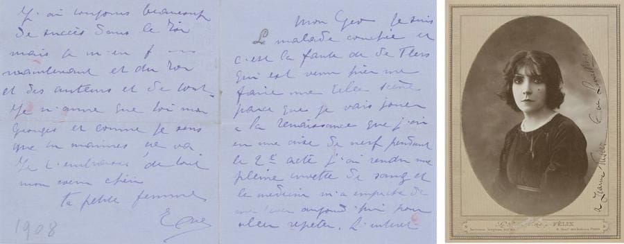 Ève LAVALLIÈRE (1866-1929)
Actrice 3 L.A.S. «Eve» et une carte postale a.s., 1908-1911, au baron de Lucius, à Hambourg puis à Saint-Pétersbourg; 4 pages in-12 chaque à son chiffre avec enveloppes, et carte postale illustrée de sa photographie avec adresse.{BR} Correspondance amoureuse à son «Geo chéri», baron allemand, son amant et protecteur.{BR} [22 octobre 1908]. Elle est malade: «c'est la faute de de Flers qui est venu hier me faire une telle scène parce que je vais jouer à la Renaissance que j'ai eu une crise de nerf pendant le 2e acte. J'ai rendu une pleine cuvette de sang et le médecin m'a empêché de me lever aujourd'hui pour aller répéter. L'intérêt pour ces gens est tout, le leur bien entendu, quand au mien je peux crever pourvu que je les serve ! c'est ignoble !». Elle va suivre ses conseils et les avis de Calmette; et il trouvera ses lettres à Hambourg: «En ce moment tu m'aimes plus je le sens et j'en suis heureuse [...]. j'ai toujours beaucoup de succès dans le Roi mais je m'en fous maintenant du Roi et des auteurs et de tout. Je n'aime que toi mon Georges». Elle signe: «Ta petite femme Eve»... [9 mai 1911]. Elle a été malade: «toute cette nourriture d'hôtel m'a fichu une telle inflammation d'intestin que je viens d'avoir une crise». Elle part demain pour Évian faire «un régime qui je l'espère va me retaper complètement». Elle se réjouit de savoir que «ton Empereur a été gentil avec toi», l'assure de son amour infini, etc. [26 juin 1911]. Elle le félicite pour sa nomination: «Je ne peux pas te dire à quel point je suis content ! Ils y ont mis le temps à te nommer ! [...] ta petite femme est fière de toi. Un Conseiller !! qui donne des conseils, c'est épatant !» Elle va s'installer à Versailles et prie Geo de lui envoyer de l'argent pour ses frais, etc. {BR}On joint le livre de Lucie Delarue-Mardrus, Ève Lavallière (Albin Michel, 1935, coll. Les Grandes Repenties, in-12 broché), avec envoi a.s. de l'auteur au baron von Lucius (les lettres ci-dessus y sont citées); et une belle phot