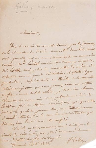 MUSIQUE. 4 L.A.S.{BR} Fromental Halévy (1836, en faveur du musicien Paradol, 4 portraits joints), Firmin Maillard (1881), Gabriel Pierné (il apprend par Jean Lorrain que la Roulotte va mettre en scène deux «chansons-poëmes» dont il a composé la musique), et Enrico Tamberlick.{BR}