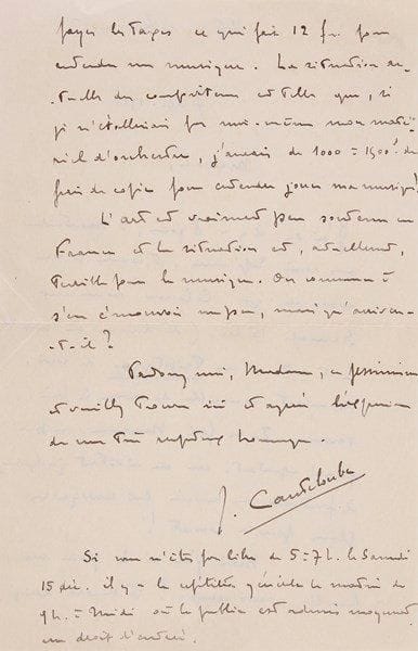 MUSIQUE ET SPECTACLE. 9 lettres, la plupart L.A.S., 1920-1938, adressées à Edmée Cazalis, comtesse Roederer puis Mme Darquet (compositrice, fille du médecin et poète Henri Cazalis); 18 pages in-4 ou in-8, qqs enveloppes.{BR} Joseph Canteloube (3), Jeanne Catulle-Mendès, Francis Delaisi (2, dont une avec poème), Henri Mondor, Gaston Poulet (2, au sujet d'un violon qu'elle lui a confié).{BR} On joint un fragment de manuscrit musical retrouvé par A. Guillois dans les décombres de l'Opéra Comique après l'incendie du 25 mai 1887, avec note explicative.{BR}