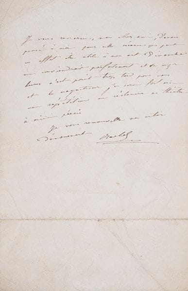 Élisabeth Félix, dite RACHEL
2 L.A.S., [vers 1840], au peintre Auguste Charpentier; 1 page et demie in-8, une à son chiffre, une adresse.{BR} Elle est désespérée de ne pouvoir lui envoyer quelque chose de mieux, «mais il faut ne pas m'en vouloir et dire tout bas si elle m'envoie aussi mauvaise place c'est qu'il lui a été impossible de faire autrement»... ? Elle le remercie d'avoir pensé à elle «pour cette scéance qui peut en effet être utile à mon art. Dimanche me conviendrait parfaitement et six onze heures n'est point trop tard pour vous et le magnétiseur j'en serai fort aise. Une répétition me réclamera au théâtre à midi»...{BR}