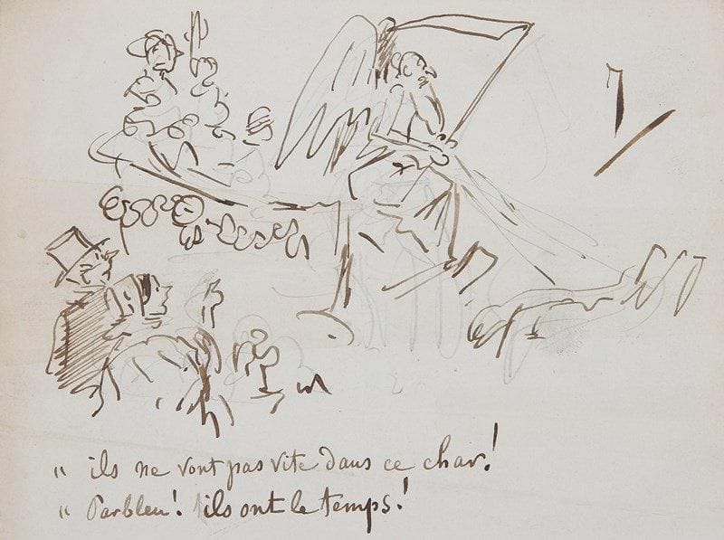 Amédée de Noé, dit CHAM (1819-1879)
Caricaturiste L.A.S. à Jules Noriac, et 4 dessins originaux à la plume avec légendes autographes; 1 page in-8 et 4 pages 12 x 16 cm.{BR} 21 janvier. Il demande à Noriac un fauteuil d'orchestre: «le besoin s'en fait sentir»...{BR} Les 4 amusants dessins sont légendés de sa main: défilé du Carnaval, scène de carême, une mère visitant son fils pensionnaire avant la St Charlemagne, dispute de couple.{BR}