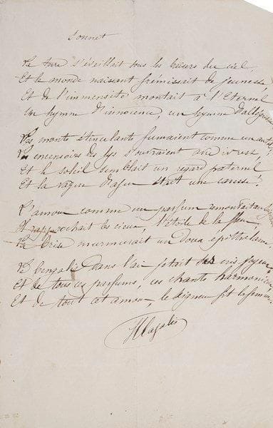Henri CAZALIS, dit Jean LAHOR (1840-1909)
Médecin et poète. poème autographe signé, et ensemble de 37 lettres, la plupart L.A.S., à lui adressées (ou à son épouse), 1872-1914; environ 80 pages formats divers.{BR} Sonnet, poème autographe signé par Henri Cazalis, probablement de jeunesse, et qui semble inédit:{BR} «La terre s'éveillait sous les baisers du ciel{BR} Et le monde naissant frémissait de jeunesse{BR} Et de l'immensité montait à l'Éternel{BR} Un hymne d'innocence, un hymne d'allégresse»?{BR} Correspondance amicale et littéraire par des écrivains, musiciens et artistes. Félicitations pour sa Légion d'Honneur, recommandations de nouveaux patients, remerciements et félicitations pour ses ouvrages, dont L'Enchantement de Sivâ, Le Livre du Néant, Cantique des Cantiques? Louise Ackermann, Jean Aicard, Arvède Barine, Victor du Bled, Gabriel Bonvalot, Paul Bourget, Ferdinand Brunetière, Henriette J. Brunhes, Eugène Carrière, Antoine Cros, Léon Dierx, Jane Dieulafoy, Auguste Dorchain, René Doumic, Émile Faguet, Anatole France, Reynaldo Hahn, Ernest Lavisse, Charles Le Goffic, Jules Lemaître, Frédéric Masson, Frédéric Mistral, Pierre de Nolhac, Louise Read (2), Henri de Régnier, Camille Saint-Saëns, Édouard Schuré (3), Louisa Siefert, Albert Sorel, André Theuriet, Albert Vandal, E.M. de Vogüé.{BR} On joint 2 lettres de Sophie Cazalis mère à son fils, et 3 de William Cazalis (Neuchâtel 1877, à son frère Adolphe, à son neveu Henri et à sa nièce Laure); et l'acte de succession de Sophie Cazalis née Vautier (1804-1864) signé par son mari Adolphe Cazalis et ses enfants Henri et Laure (1865).{BR}