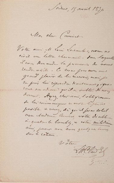 Léon CLADEL (1835-1892)
Mes Paysans. La Fête votive de Saint-Bartholomé-Porte-Glaive (Paris, Alphonse Lemerre, 1872). Crête-Rouge (id., 1880); 2 vol. in-18, reliures de l'époque demi-maroquin rouge, dos ornés à nerfs et à caissons.{BR} Éditions originales, chacune avec L.A.S. jointe (1 p. in-8 chaque). Sèvres 15 avril 1870, à son ami Canivet, pour le prier de partager avec son ami Louis Lacombe une invitation à venir «avec Madame Canivet, votre diable à quatre le bambin, & votre mélodieux ami, passer avec nous quelques heures sur le coteau»... Paris 21 mai 1874, à M. Laurent, demandant pour sa femme un mot d'introduction auprès du Dr Sée, mot qui dise «que les clients que vous lui envoyez sont loin d'être millionnaires»...{BR}