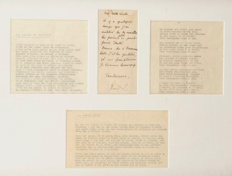 PAUL ÉLUARD
L.A.S., [vers 1936], à sa fille Cécile; 1 page in-12 (encadrée avec 3 poèmes dactylographiés).{BR} «Ma belle Cécile, il y a quelque temps que j'ai oublié de te remettre les poèmes (de Lise) ci-joints pour Soutes. Donne-les à Decaunes. S'il les publie, ça me fera plaisir. Je les aime beaucoup. Tendresses»... Les trois poèmes dactylographiés de Lise Deharme sont joints: La saison du bonheur, La fausse veuve et «La douleur m'a rendu plus chère»?{BR}