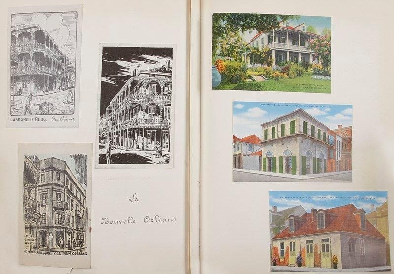 [Marthe de Fels (1893-1988) femme de lettres]
Album de souvenirs, U.S.A. 1948; fort volume grand in-4 (152 p.), cartonnage de l'époque bleu sombre (étiquette de la papeterie Fortin, charnières usées).{BR} Voyage aux U.S.A. Album réalisé à l'occasion de la tournée de conférences que la femme de lettres et brillante conférencière fit aux États-Unis du 8 février au 1er mai 1948, de l'Ohio (Cincinnati) à New York, en passant par l'Alabama (Marion, Montgomery et Huntington College), le Kentucky (Covington), Washington (Seattle), la Louisiane (New Orleans), le Texas (Dallas), la Californie (San Francisco, Pasadena, Santa Rosa, Beverly Hills, Los Angeles, Hollywood), l'Arizona (Phoenix, Tucson), l'Utah (Salt Lake City), l'Illinois (Chicago). Le retour à Paris se fit par les Bahamas (Nassau) et les Açores.{BR} Cet imposant volume constitue non seulement un récit de voyage, mais également un véritable tableau de l'Amérique de cette époque. Il réunit, soigneusement classées, contrecollées et légendées à l'encre noire, plus de 300 pièces collectées au cours de son voyage: ses contrats de conférencière, des guides de musées, monuments et villes, plaquettes de présentation des institutions culturelles qui la reçurent, des lettres et coupures de presse, des programmes, des invitations et cartes de clubs, des publicités, de nombreuses illustrations, cartes postales et photographies, des souvenirs de ses déplacements (itinéraires, notes d'hôtels et de restaurants, billets d'avion?), etc.{BR} La comtesse Marthe de Fels tenait un célèbre salon littéraire à Paris; elle fut la maîtresse et l'égérie de Saint-John Perse, et l'auteur de plusieurs ouvrages, dont trois furent couronnés par l'Académie française. Elle avait publié en 1937, dans la collection «Carnets de voyage» chez Gallimard, un volume consacré aux U.S.A.{BR}