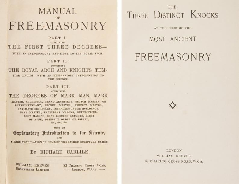Lot: «Manual of Free Masonry» by R. Carlile, relié 311 p. «Florida Masonic Monitor» rel. 291 p. 1992, «the Three Distinct Knocks» at the door of the most ancient Free masonry, Londres 19 è., 48 p. (3)