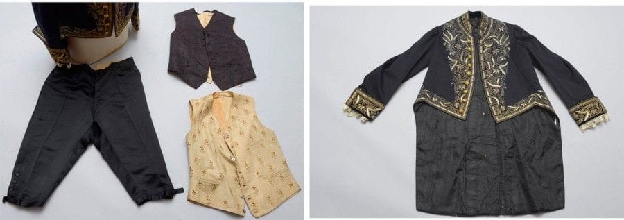 Grande tenue de Ministre du Comte Joseph-Marie Portalis. 
En drap bleu national, bordé de velours noir au collet et parements. 
Richement brodé au collet, plastron, parements, n?ud de taille et basques de canetille, cabochons et paillettes dorées à décor de feuillages, fleurs, bordé d'une baguette à double dents de loup. Boutons à motif rapporté à l'aigle dans une couronne de lauriers, dorés. Parements doublés de dentelle ivoire. Doublure en satinette noire. Une poche contient une étiquette de RIEU PARIS avec annotation manuscrite «PORTALIS 2 MARS».
Avec sa culotte en drap noir et deux gilets brodés, un ivoire et l'autre noir. 
B.E. Époque Second Empire.

Provenance: Famille PORTALIS.

Nota bene: Il est à signaler que Portalis ne fut pas ministre sous le Second Empire. Toutefois, on peut penser que dans la pratique, ayant été ministre durant un précédent régime, il en porte encore les insignes dans les représentations officielles