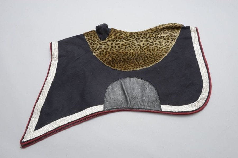 Shabraque au modèle des chevau-légers polonais de la Garde impériale. 
En drap bleu bordé d'un galon argent, assise façon peau de panthère. 
B.E. Reproduction moderne