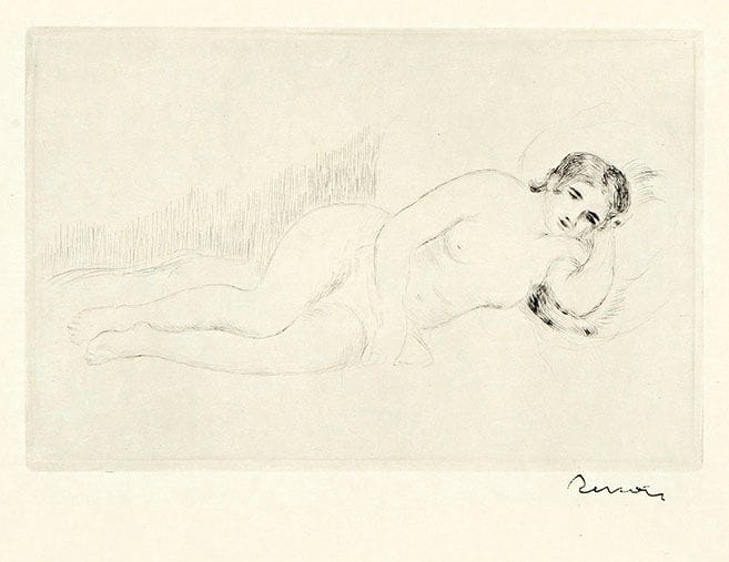 Pierre-Auguste RENOIR (1841-1919)

Femme nue couchée (tournée à droite), 1re pl. Vers 1906. Pointe sèche. 198 x 130. Delteil, Stella 13. Très belle et fraîche épreuve sur simili-japon, timbrée (Lugt 2137b). Infime pli de tirage en pied du feuillet à droite. Toutes marges. Ex-coll. H.-M. Petiet (avec son timbre).