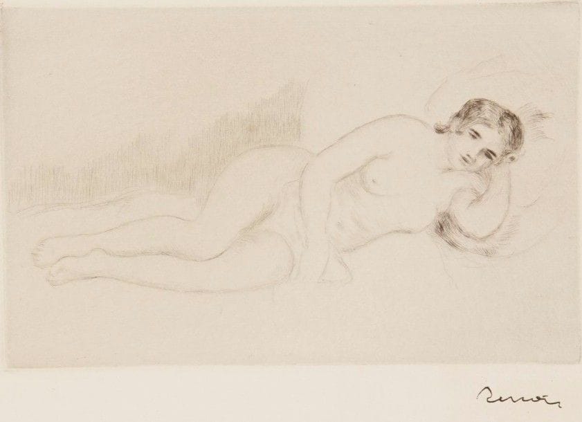 Pierre-Auguste RENOIR (1841-1919)

Femme nue couchée (tournée à droite), 1re pl. Vers 1906. Pointe sèche. 198 x 130. Delteil, Stella 13. Très belle et fraîche épreuve sur vélin, timbrée (Lugt 2137b). Toutes marges.