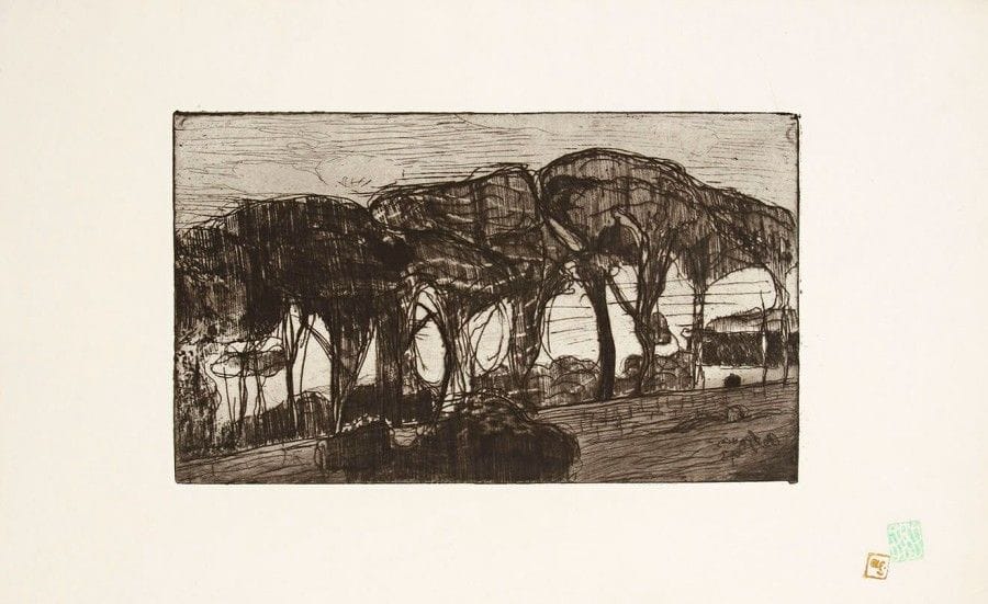 Armand Seguin (1869-1954)

Les Pins. 1893. Eau-forte et roulette. 302 x 177. Field 40. Superbe épreuve tirée à l'effet sur vergé, soigneusement lavée, revêtue des deux timbres de l'artiste (ocre et vert amande). Petites déchirure habilement restaurée en pied du feuillet. Infime empoussiérage aux bords du feuillet. Toutes marges.