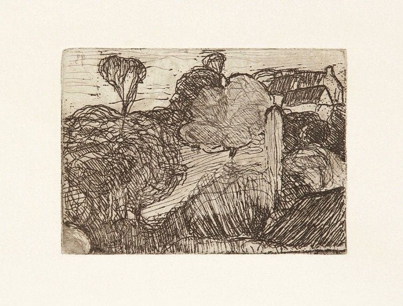 Armand Seguin (1869-1954)

Petit paysage. 1893. Eau-forte. 105 x 75. Field 28. Très belle épreuve d'ancien tirage en noir bistré sur vergé. Large auréole très claire d'humidité visible essentiellement en marge droite. Infimes taches (empreintes digitales) en tête. Toutes marges non ébarbées.
 Provenance : Clovis Sagot.