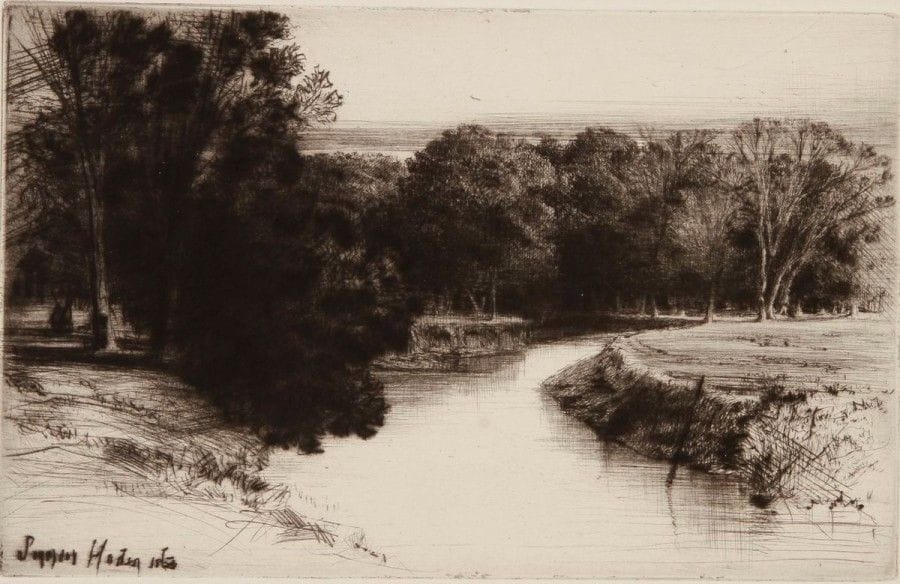 Sir Francis Seymour Haden (1818-1910)

Sunset in Ireland. 1863. Eau-forte et pointe sèche. 212 x 136. Schneiderman 47. Superbe épreuve, très fraîche, chargée de barbes, sur vélin, signée au crayon. Toutes marges.