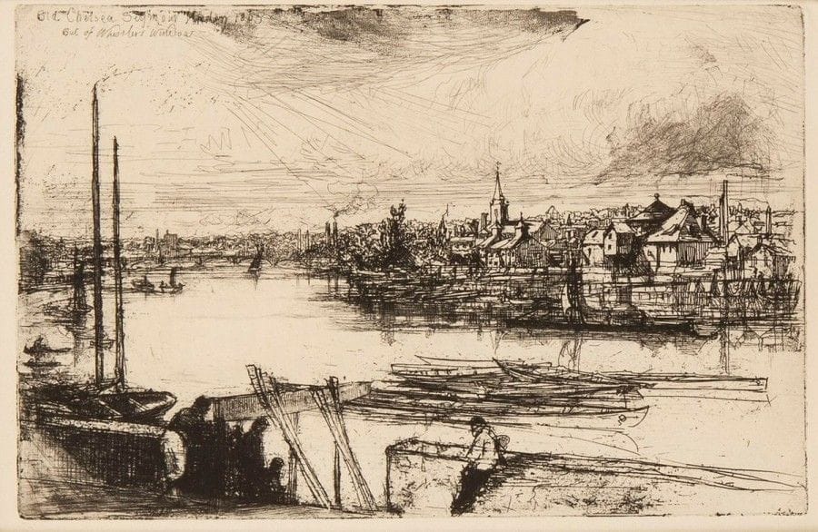 Sir Francis Seymour Haden (1818-1910)

Battersea Reach ou Old Chelsea (Out of Whistler's Window). 1863. Eau-forte et pointe sèche. 224 x 150. Schneiderman 48. Belle épreuve sur vergé mince, du 4e état (sur 9), avant de nouveaux travaux. Fine trace claire d'oxydation autour du sujet. Petites marges normales.