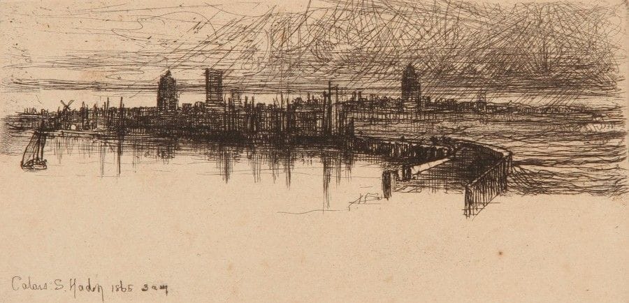 Sir Francis Seymour Haden (1818-1910)

Little Calais Pier. 1865. Eau-forte et pointe sèche. 155 x 75. Schneiderman 88. Très belle épreuve sur vergé crème, signée au crayon. Petites marges normales.