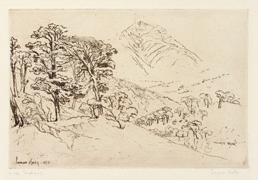 Sir Francis Seymour Haden (1818-1910)

Scotch Firs, Inveroran. 1873. Eau-forte. 380 x 253. Schneiderman 140. Très belle épreuve tirée en noir bistré sur vélin fort, du 1er état (sur 2), avant effaçage des montagnes dans les lointains, annotée « trial proof » et signée au crayon. Toutes marges. Ex-coll. H. H. Benedict (Lugt 1298).