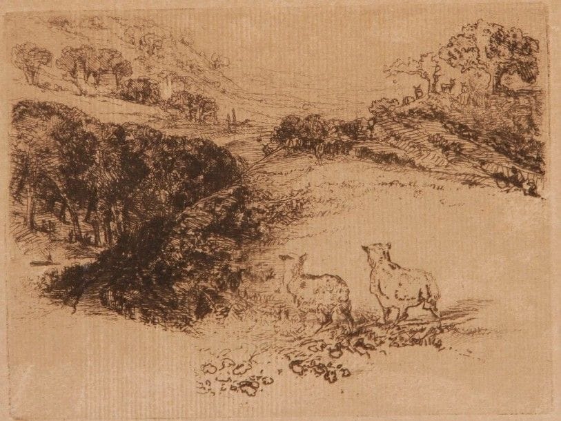 Sir Francis Seymour Haden (1818-1910)

Mount's Bay. 1868; The Two Sheep. 1870. Eau-forte et pointe sèche. 210 x 138 et 152 x 115. Schneiderman 117 et 132. Belles épreuves, respectivement sur japon vergé pelure et vergé crème, cette dernière oxydée. Bonnes ou petites marges. Ens. 2 p.