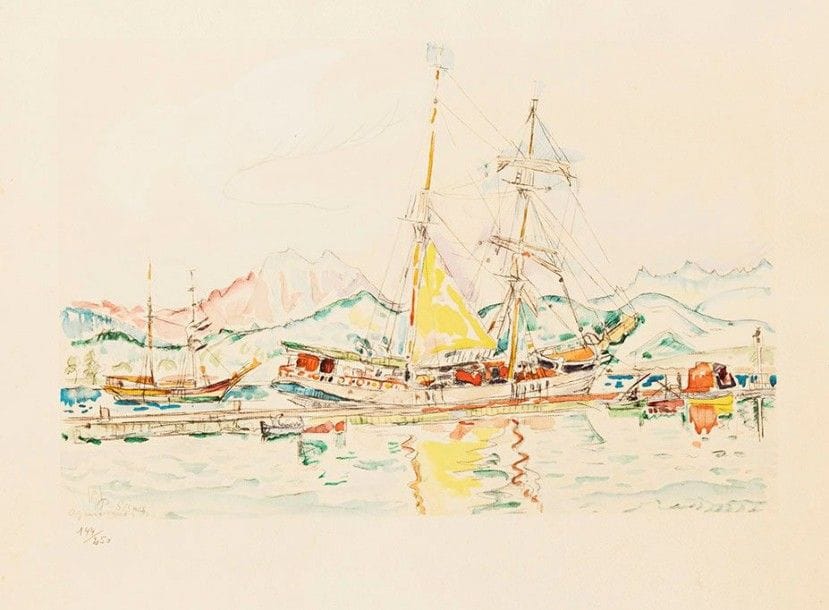 Paul SIGNAC (1863-1935) (d'après)

Voiliers à Ajaccio. Vers 1950-1960. Procédé Spitzer. 430 x 280. Impression en couleurs. Très belle et fraîche épreuve sur vélin, numérotée au crayon et revêtue du timbre sec de l'éditeur au recto et de son justificatif de tirage au verso. Infimes rousseurs. Toutes marges. Tirage à 250 épreuves.
Provenance : succession d'Auguste Clot, imprimeur lithographe.