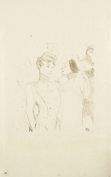 Henri de TOULOUSE-LAUTREC (1864-1901)

Lander et Lavallière, dans une revue aux Variétés. 1895. Lithographie. 247 x 303 [345 x 549]. Delteil 109; Wittrock 110. Impression en vert olive. Très belle et fraîche épreuve, probablement une des trois hors tirage connues selon Witrock, sur japon. Quelques légères traces de frottement perceptibles à jour rasant en surface, sans atteinte au sujet. Toutes marges. Rare. Tirage définitif à 25 épreuves. Ex-coll. M. Guérin (Lugt 1872b) et O. Gerstenberg (Lugt 2785).
