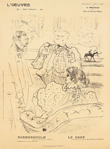Henri de TOULOUSE-LAUTREC (1864-1901)

Rosmersholm ? Le Gage. Programme pour le théâtre de l'oeuvre. 1898. Lithographie. [278 x 373]. Wittrock 237; Aitken 96. Très belle et fraîche épreuve sur vélin mince chamois, doublée sur vélin blanc. Toutes marges.