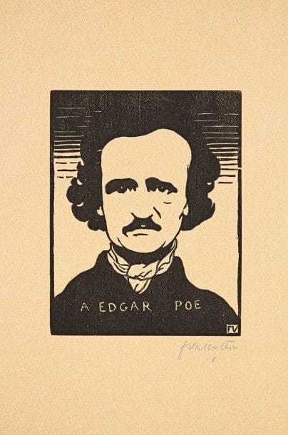 Félix VALLOTTON (1865-1925)

À Edgar Poe. 1894. Bois gravé. 123 x 160. Vallotton et Goerg 147. Très belle épreuve sur vélin chamois, signée et numérotée au crayon bleu. Quelques très courtes déchirures aux bords du feuillet. Toutes marges.