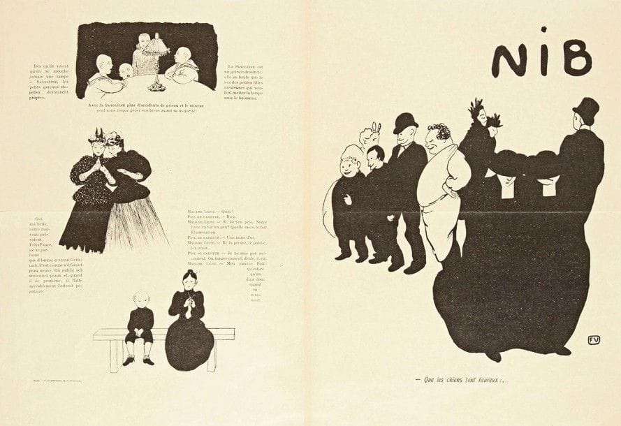 Félix VALLOTTON (1865-1925)

Nib. Supplément à la Revue Blanche. Février 1895. Texte de Jules Renard, illustré par Vallotton. Lithographie. [505 x 355]. Bel exemplaire sur vélin mince beige remplié comme à l'ordinaire. Traces de plis souples. Rare.